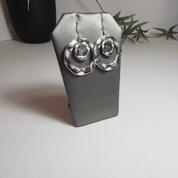 Silver Hammered Hoop Earrings with Abalone Shell Accent - Picture 3 of 4